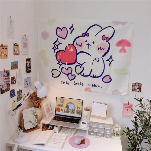 Ins 바람 침실 배경 천 합숙소 벽면 포인트 캐릭터 여 메쉬 레드 룸 배치 침상머리 벽포 후키 하트 토끼 증정 두개 후크 10075