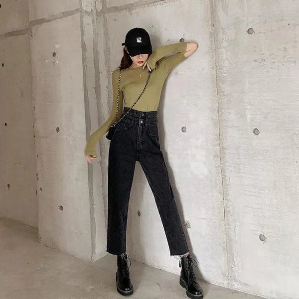 다판다네 홍콩 스타일리시한 하이웨스트 빈티지 워싱 데님 팬츠 수술 9부 여성 청바지