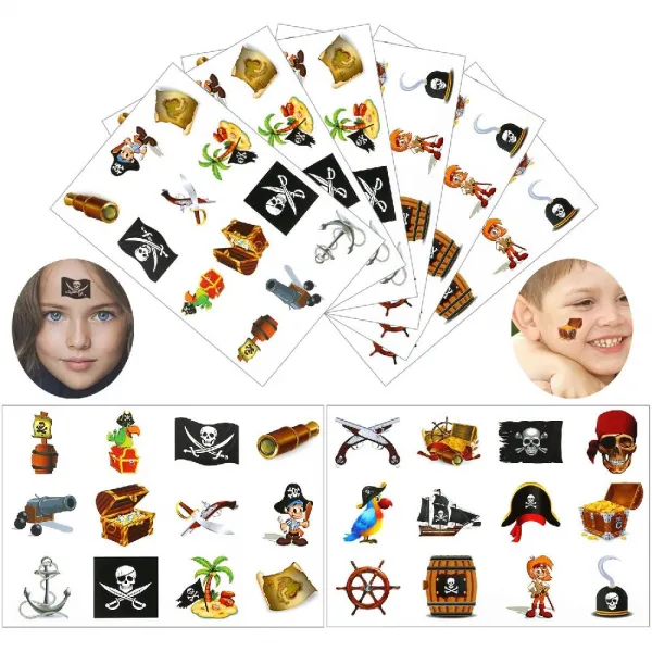 Konsait 해적 생일 파티 해적 Tattoo96PCS 해적 임시 타투 네버 랜드 불법 복제 캐논 분말 휠 제이크 선장, 상세페이지참조, none