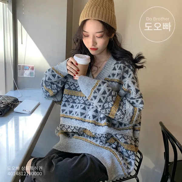 도오빠 오버핏 여성 니트티 니트 티셔츠 패턴 노르딕 긴팔티 빅사이즈 루즈핏 브이넥 박시 여자니트티 가을 겨울 봄 20대 30대 빅사이즈니트티 패션 데일리 캐주얼