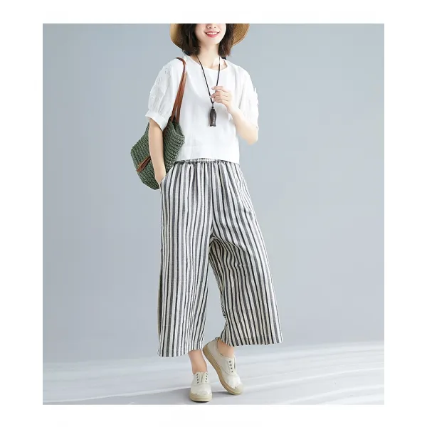 여성투피스세트 여성투피스세트 캐주얼린넨세트 라운드티셔츠+린넨바지 데일리룩세트 루즈핏빅사이즈d11