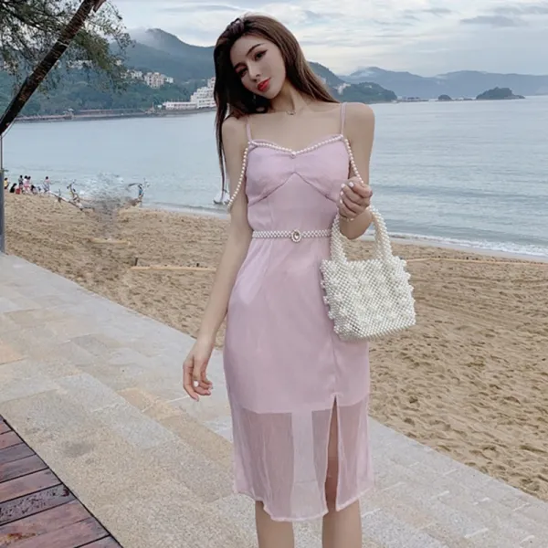 여신 범 스커트 망사 나시 원피스 나이트 숍 섹시 여장 등이 드러나 슬림 하의