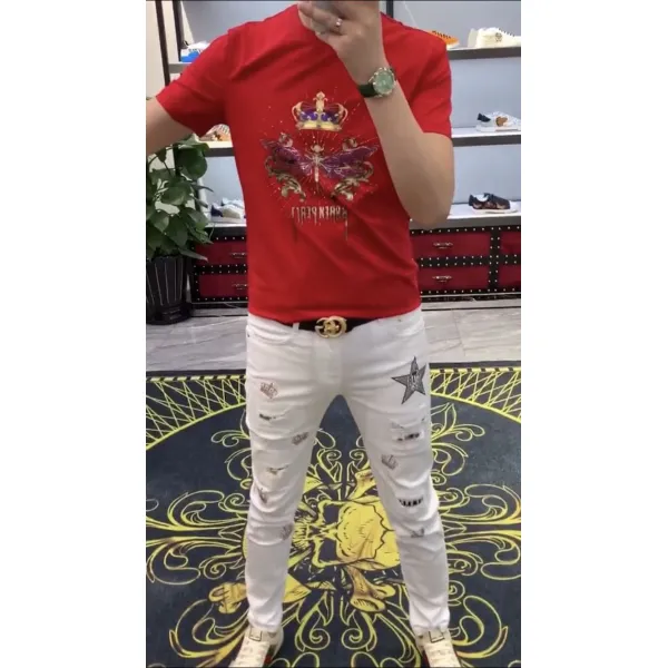 한나슈퍼 라운드티 라운드맨투맨티셔츠 가볍게 사치한 여름 남성 양면 옥 명주실 부귀 잠자리 틱톡 같은스타일 동질이다