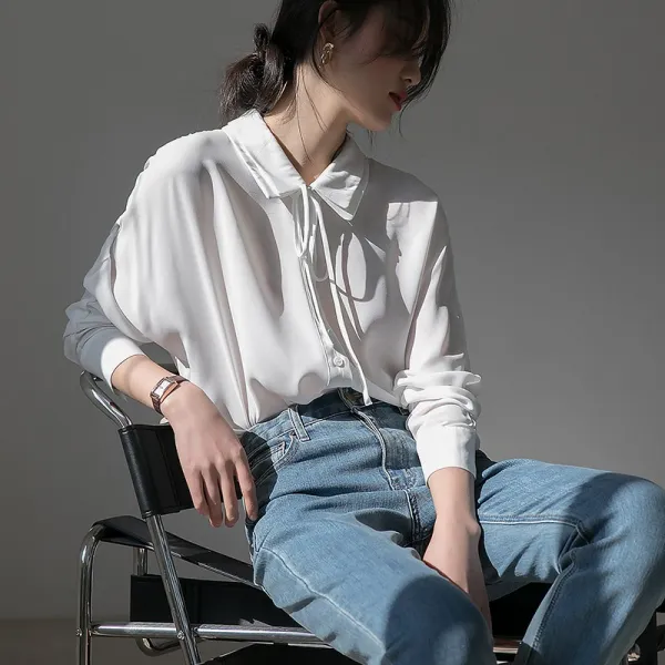 부드러운 리본 인형 칼라 쉬폰 블라우스 여성 소불식 상의 여성 블라우스Z