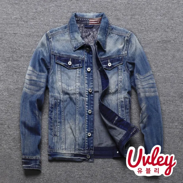 유블리 남자 브이 성조기 중청 워싱 청자켓 슬림핏 빈티지 캐주얼 아우터 간절기룩 Uv2113020se