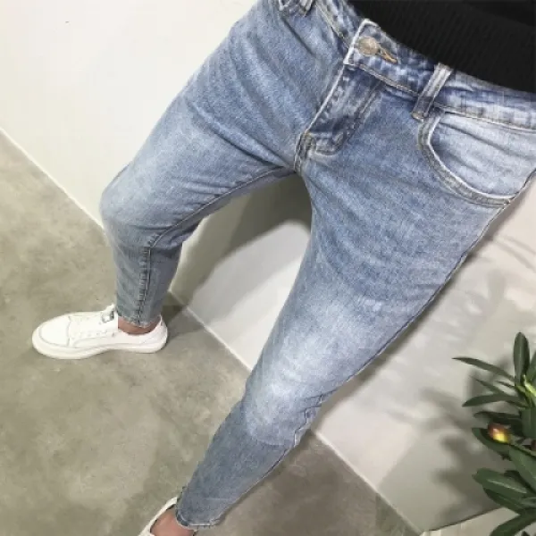 생활도움 라이트블루 미디엄 슬림 9부 데님 팬츠 남봄여름신조표 한판 청년 떨림 동일