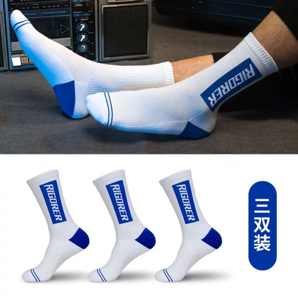 준자 스포츠양말 남녀 전업 농구공 러닝 땀 흡수 배기 미끄럼방지 캐쥬얼 트렌드 미들 롱간조 양말 삭스, Z119140317 화이트 블루 3컬