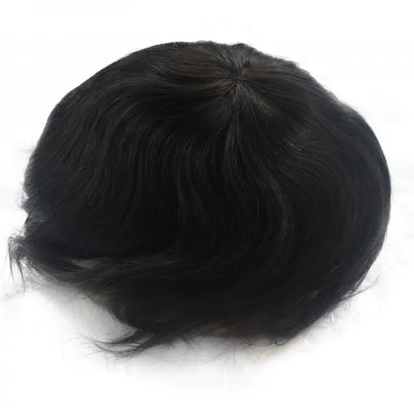 남성을위한 자연 검은 머리카락 머리카락 뚜쟁이 Pu 뒤 및 측면 표백 된 매듭 1b, 1, 단일상품