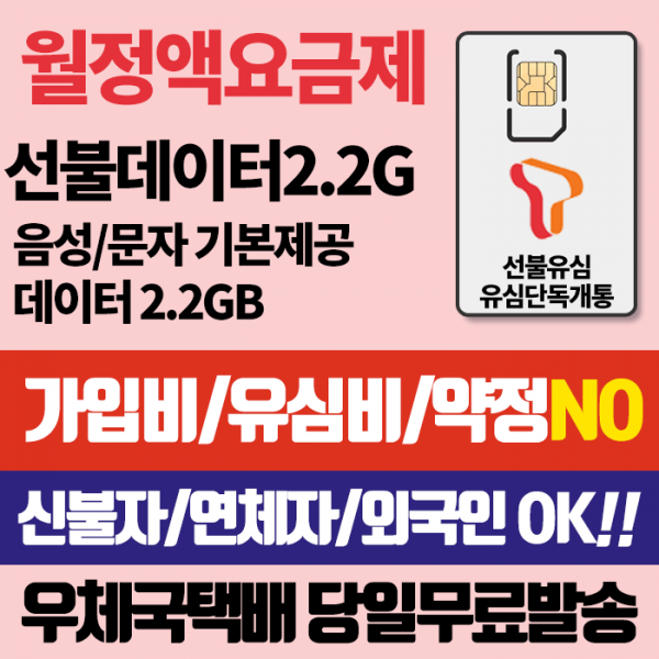 SK 선불유심 선불데이터300M 유심비 가입비무료 신용연체자개통가능 우체국택배, 데이터2.2G, SK선불유심