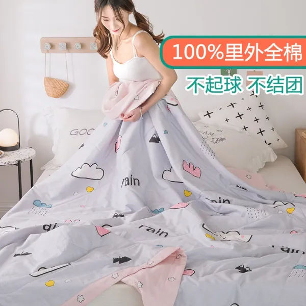 100 이외 전 면 여름 쿨링 이불 순면 에어컨 1인 2인용 워싱 가능 솜 얇은 봄 가을, 해피 구름송이