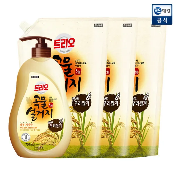  애경 트리오 곡물설거지 우리쌀겨 주방세제 750ml+1.2l X 3개 상품명:우리쌀겨 750ml+1.2lx3개