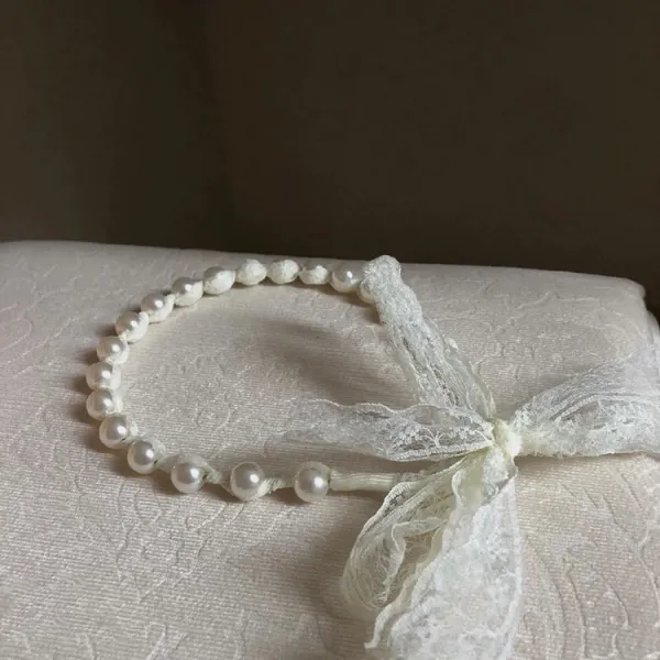 반다나 법식 복고 궁전스타일 레이스 진주 끈허리띠 여신 리본 헤드밴드 머리포함 액세서리