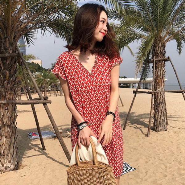 도오빠 귀여운 여성 원피스 레드 쉬폰 플라워 에스닉 여름 미니 드레스 루즈핏 데일리룩 패션