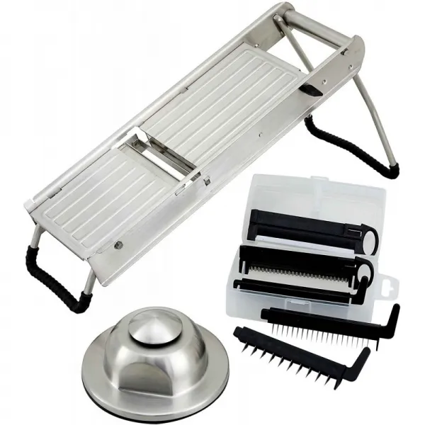 손 감시로 놓이는 Winco winware 스테인리스 만돌린 저미는 기계
