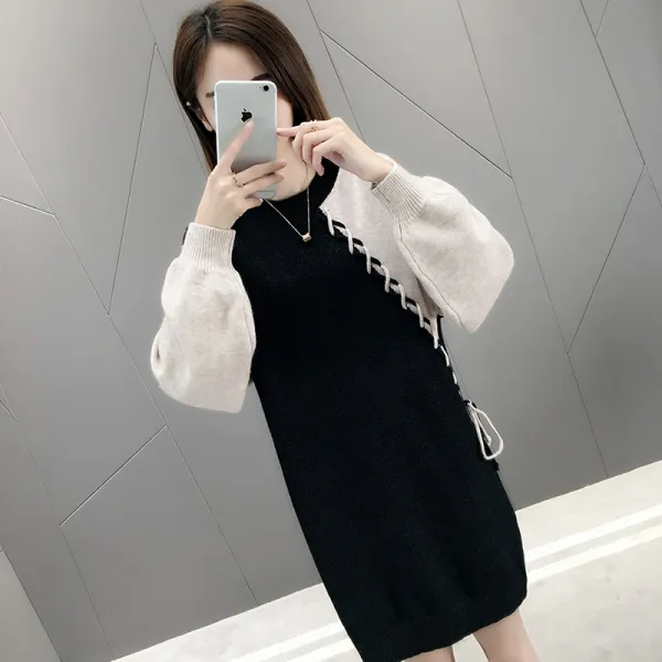 베티몰 하프기장 무릎넘어 먹다 누런색 스웨터 스커트 여성 겨울 가을 외 입다 루즈핏 두꺼운 기모