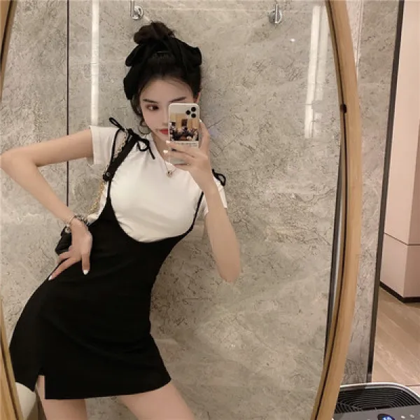 KORELAN 철 소금 가능 달콤하다 쿨하다 소금 계열 입다 걸치다 서양식 키 작다 거리 감령 멜빵 두 벌 세트