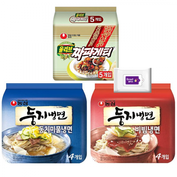 둥지물냉면4개+둥지비빔냉면4개+짜파게티5개 +그레잇물티슈(10매), 둥지물4+둥지비4+짜파5+그레잇물티슈