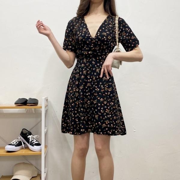 유니샵 잔꽃 플라워 리본 미니 랩 반팔 원피스