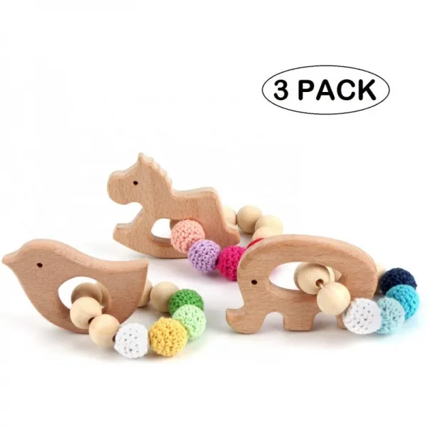 나무 Teether 아기 딸꾹질 감각 장난감 나무 체육관 딸랑이 Teether 자연 원시 크로 셰 뜨개질 구슬 장난감 아기 젖니 링 씹, 단일옵션