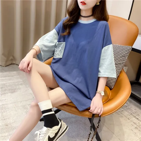 넥세이션 면반팔티셔츠 t셔츠 여성 여름옷 신 와이드 루즈핏 홍콩풍 CHIC 블러킹 옛적 감명받다 상의