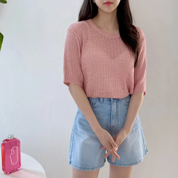 모양새 라운드넥 썸머 비치 그물 넥 라운드 니트 컬러 베이지 블랙 밤색 아이보리 핑크