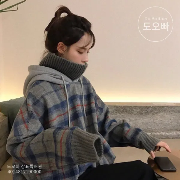 도오빠 오버핏 여성 후드티 빅사이즈 여자후드티 체크 터틀넥 니트 후드 티셔츠 긴팔티 가을 겨울 인기템 20대 30대 패션 데일리 캐주얼 빅사이즈후드티