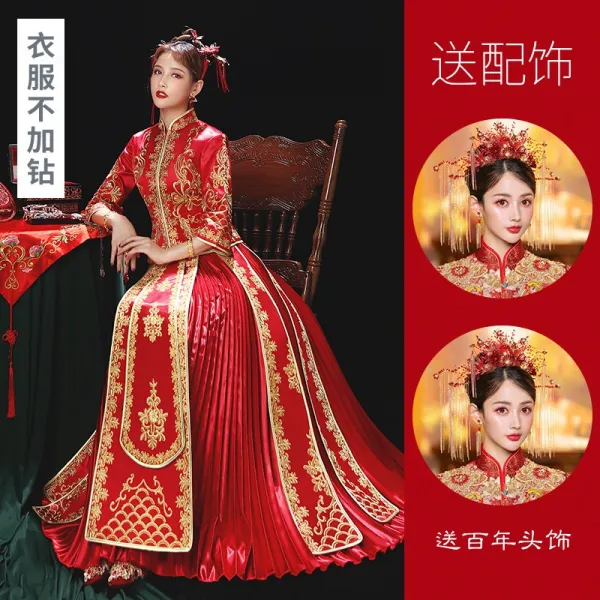 단신수화복 신부 결혼 중국식 출가함 시집갈 때 입는 옷 권주복 봉황의 관에 수놓은 숄 여인의 예장