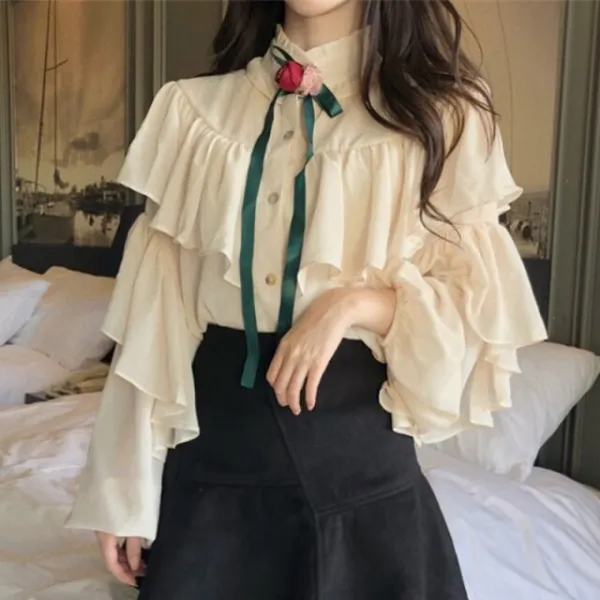 쉬폰프릴블라우스 우아한 플블라우스 여성 랜턴 긴 소매 버튼 괴롭히다 2022 스탠드형 레이스업부츠 보우 가을 스카이 상의