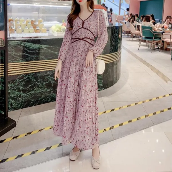 Kirahosi 가을 여성 플로럴 패턴 롱원피스 쉬폰원피스 + 덧신 증정 Edyqkh9