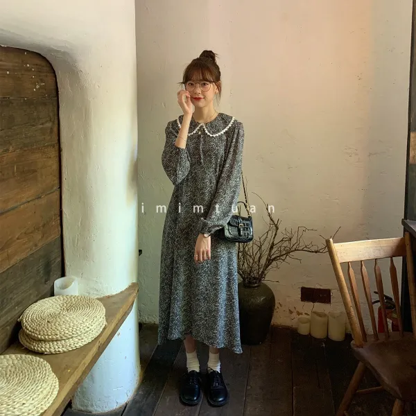 지꾸마켓 육소단 뭉치 봄계절 플랫카라 A라인 하프기장 플라워 쉬폰 도주 중이다 여성