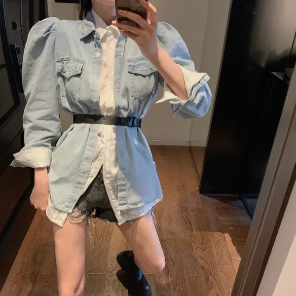 [SH112307] 실제촬영데님셔츠여성긴소매빈티지 항아리 퍼프디자인뭇사람의 비위에 감개하여 뭇사람의 비위를 맞추다상의얇은느긋하다