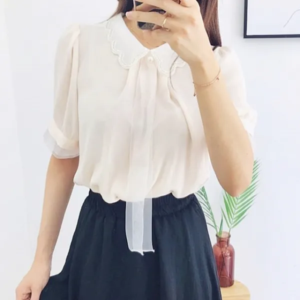  반하걸 무료배송 2color 큐빅 리본 반팔 쉬폰 블라우스