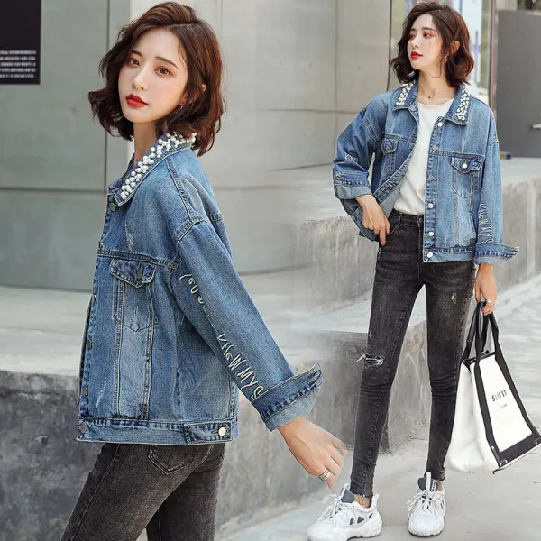 데일리룩 패션 시티캐주얼 데님 자수 자켓