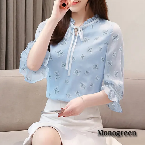 모노그린 쉬폰 이파리나염 리본끈 반팔 블라우스 셔츠smr5714
