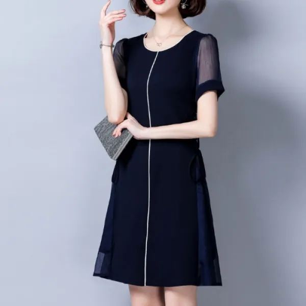 마마퀸 여성빅사이즈 라운드넥 시스루 반팔 쉬폰 라인원피스 19M042908 빅사이즈쉬폰원피스