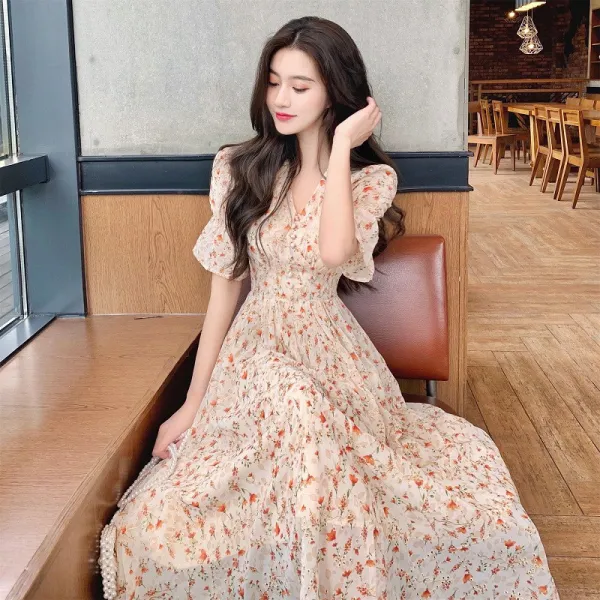 플라워 원피스 여름이 길다 벌룬소매 브이넥 리시안시스 프렌치 클래식 보이핏 볼륨 디자인감각 점프슈트 3318669574, 팬시 (L)야드