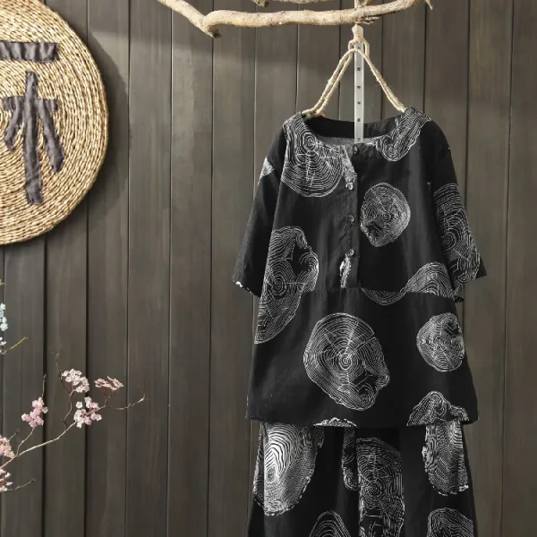 샵솔베이지 면 마 프린팅 여름 여성 블라우스+밴딩바지