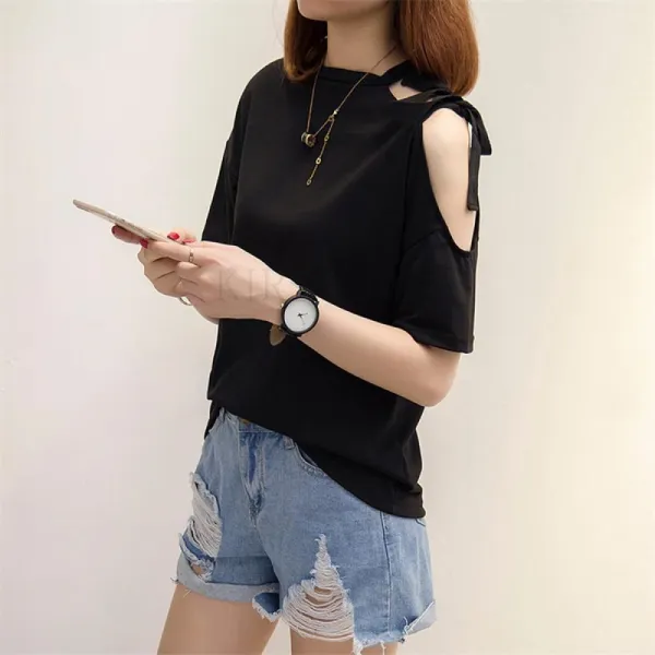 Kirahosi 여성 여름 스트랩 섹시 오프숄더 반팔티셔츠 휴양지룩 +덧신 증정 Bfnrmcmf