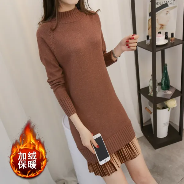 이너웨어원피스 이너원피스 겨울 가을 하프기장 스웨터 여성 반폴라 와이드 루즈핏 풀오버 후드 기모 융 아우터 두꺼운 니트
