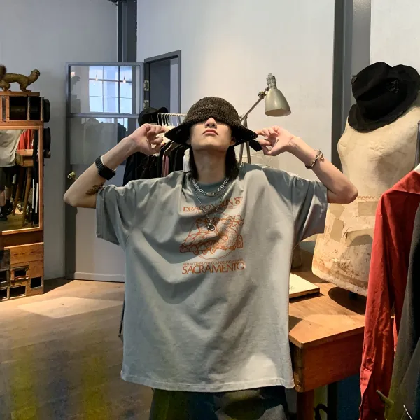 와이엠컴퍼니 반팔티셔츠 ESCMANSTUDIO 손수 여름 라운드넥 개성 용 플라워 프린트 풀오버 후드 TEE티셔츠