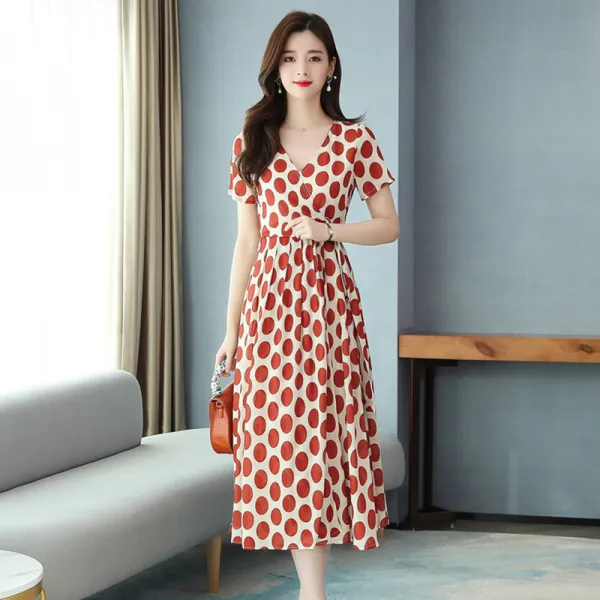 여름 신파 도트 원피스 받아 허리 날씬해 보이는 해 패션 봄옷 반팔 설방 미디 스커트 자녀