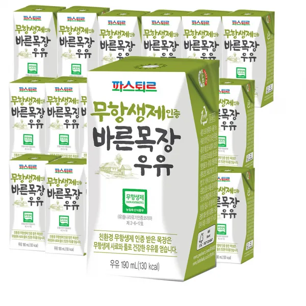 파스퇴르 무항생제인증 바른목장우유190ml, 36팩, 190ml