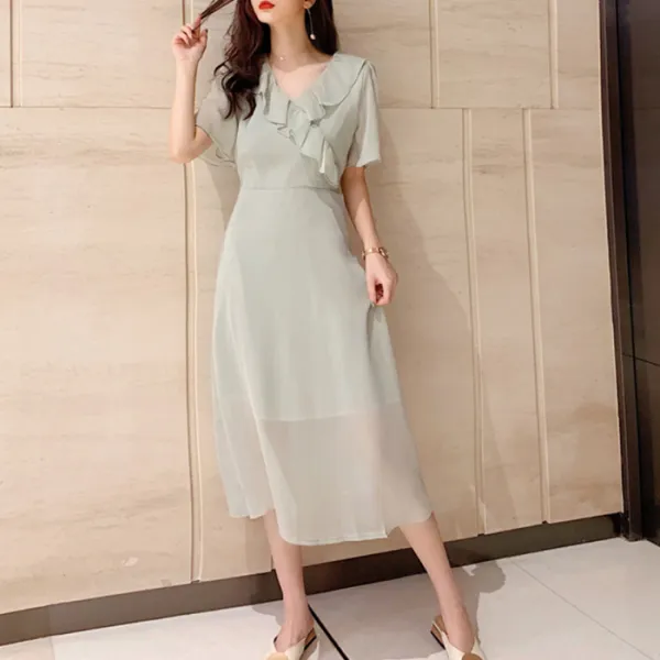 모노그린 쉬폰 프릴 브이넥 시스루 롱 원피스 드레스 Toc1097