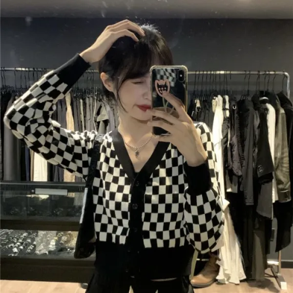 봄가을 달고 맵다 유니크하다 저고리 ins 짧은 바둑판 체크 긴팔 티셔츠