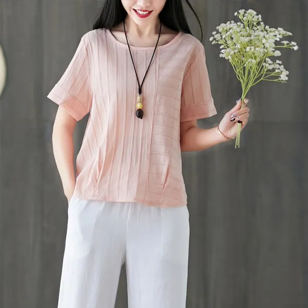 패션이루 반팔 린넨 라운드넥 블라우스 여름 미시 캐주얼 여성