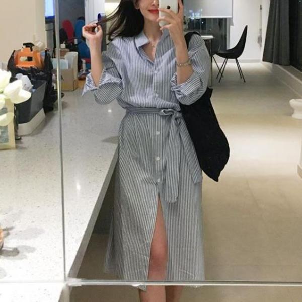 디에프 여성 여자 폰 스트라이프 원피스 데일리원피스 셔츠원피스