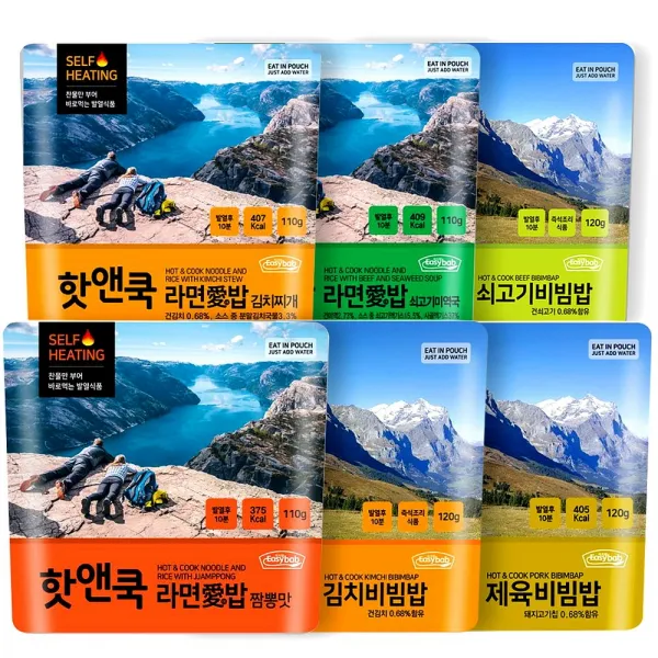 6종모음set 발열 핫앤쿡 Hot&cook 라면애밥+쇠고기밥+김치밥+소고기미역국밥+김치찌개라면밥+제육비빔밥 6종혼합 110g 1개