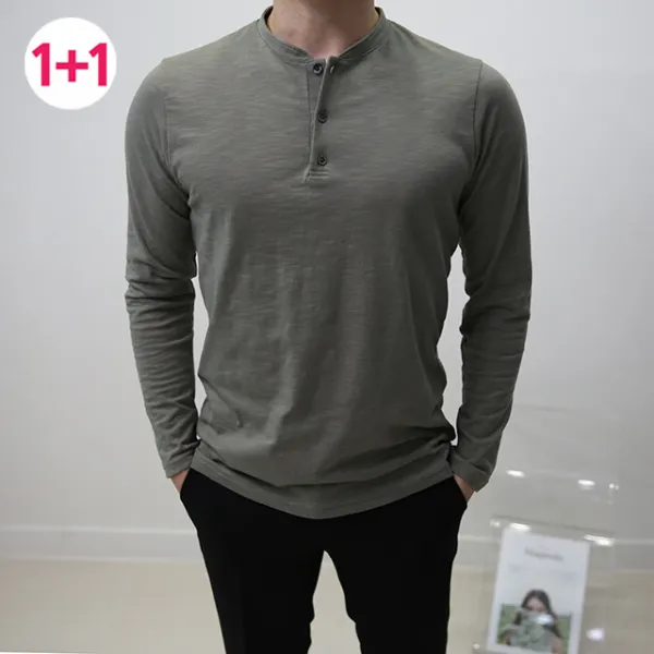 1+1 남자 헨리넥 슬라브 사계절 긴팔티셔츠