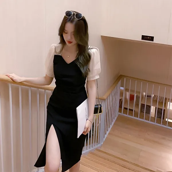 블랙롱원피스 티 멈추다 프렌치 클래식 디자인감각 보이핏 볼륨 헵번풍 필사적으로 계속하다 옷 여성 여름 3552074781
