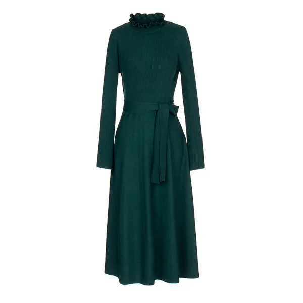 베스띠벨리 여성 가을 원피스 60% 할인 무료배송 2019 주름넥 스트렙 벨트 롱 솔리드 그린 니트